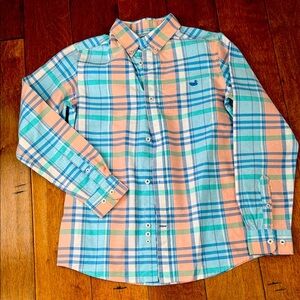 Southern Marsh Kids Plaid Shirt in Blue and Peach